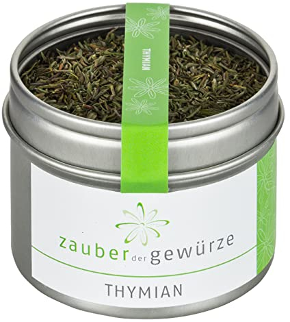 Zauber der Gewürze Thymian - getrocknet und gerebelt als Gewürz oder als Thymian-Tee, Thymianblätter für mediterrane Gerichte, Top-Qualität in wiederverschließbarer Aroma-Dose, 25 g