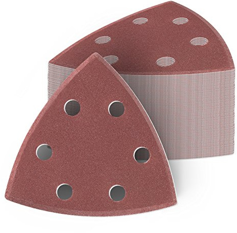 100 Stück Delta Schleifdreiecke 93x93x93 mm Deltaschleifer P180 Körnung, 6 Loch, red Film, Haft Klett Schleifpapier