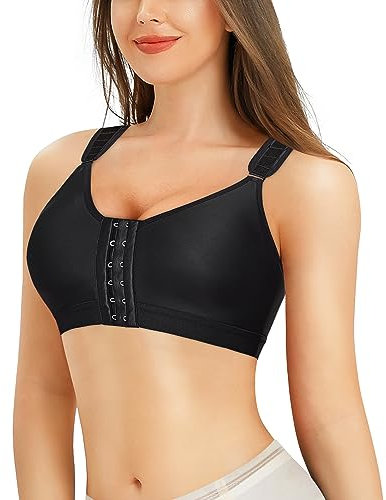 Bafully Women Post-Surgical Sports Support Bra Front Closure with Adjustable Straps Wirefree Racerback (Black, 3XL)