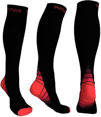 Physix Gear Chaussettes de Compression, Bas de Contention Homme Bas de Contention Femme, Chaussette Haute Femme, Voyage Avion, Femme Enceinte, Manchon compression Mollet (1 paire Noir/Rouge S-M)