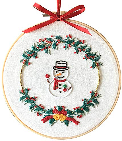Awesocrafts Stickset, Schneemann, Weihnachtsschmuck, Blätter, Kranz, Blumen, komplette Auswahl an Stickerei-Starter-Sets für Anfänger, Erwachsene, Kinder, DIY (Schneemann)