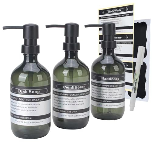 SOOKDEO Spenderflasche Badezimmer Küche nachfüllbar Shampoo Spülung Handspülmittel Lotion Öl Duschseife Flaschen mit Pumpe und Wasserdichten Etiketten, 500ml, 3 Stück (Grün, Ohne Wandhalterungen)