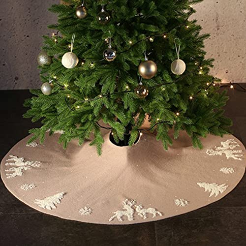 FUFRE Runde Filz-Baumdecke, Weihnachtsbaum Decke Weihnachtsbaum Rock Zopfstrick Gestrickter Dicker Rustikaler Baumrock Für Weihnachtsfeiertagsdekoration - 3D Elch Und Weihnachtsbaum (Beige)