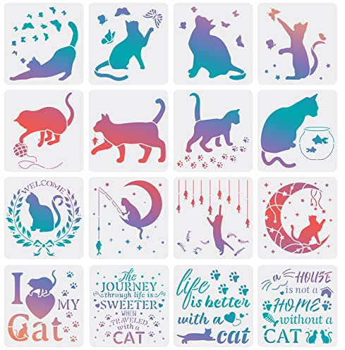 FINGERINSPIRE 16 Stück Katzenschablonen 20x20cm Katze Mond Schmetterling Malschablone Fisch Garn Pfotenabdruck Buchstaben Zeichnen Schablonen zum Malen auf Holz, Boden, Wand und Fliesen