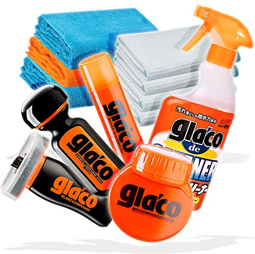 detailmate Kit de vitres Voiture avec nettoyant Soft99 Glaco de Cleaner, Ultra Glaco, Roll on Large, Mirror Coat Zero, Glass Compound Roll on, 4 Chiffons gaufrés Microfiber Monkey et 3 Chiffons polir