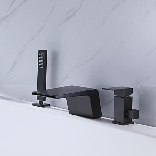 Wannenrandarmatur 3 Loch Badewannenarmatur Wasserfall 3 Loch Einzelgriff Badarmatur Badewanne Mischbatterie Badewanne mit Brause,Schwarz