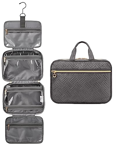 LOVEVOOK Kulturtasche Damen Gross, wasserdichte Kulturbeutel zum Aufhängen, Faltbare Waschtasche Kosmetiktasche Groß mit 360°Drehbare Haken, Waschbeutel Makeup Bag Cosmetic Bag für Damen, Grau