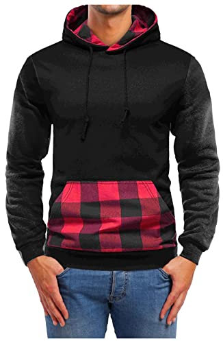 Glücksvogel peso Hoodie schwarz Herren-Mantel mit Kapuze, übergroßer, Warmer Kordelzug, farblich passend, Karierter, verdickter Winterpullover mit Tasche Sweatshirt Herren weiß