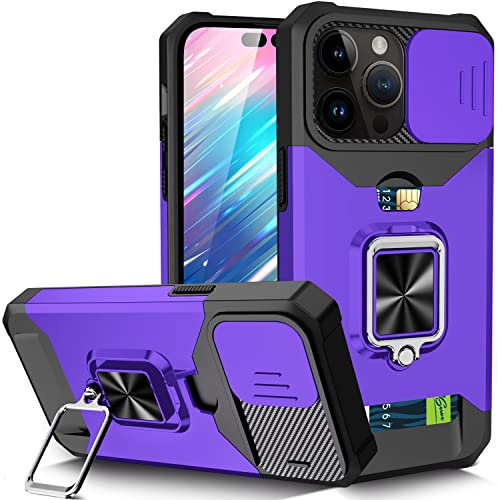 JOMA-E Shop for iPhone 14 Pro Case with Screen Protector, Sliding Camera Cover and Card Holder, Ring Kickstand Military Shockproof Full Body Protective Shell for iPhone 14 Pro (Purple)