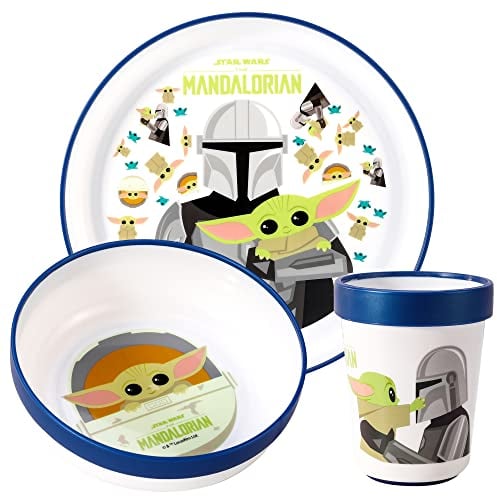 Star Wars Mandalorian 3-teiliges wiederverwendbares zweifarbiges Premium-Kindergeschirr-Set, Teller, Schüssel und Becher, BPA-frei