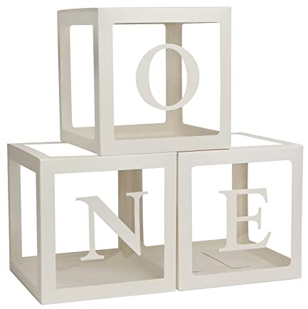 1er Anniversaire, fête, boîtes de décoration de fête pour bébé, boîtes de décoration de Douche pour garçons et Filles, 3 boîtes à Ballons Blanches Transparentes pour bébé Lettres décoratives