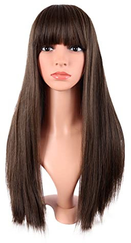 MapofBeauty 22 Zoll/56 cm Frauen lange gerade flache Pony Kunsthaar hitzebeständiges Faserhaar für Party Cosplay Perücke (Braun)