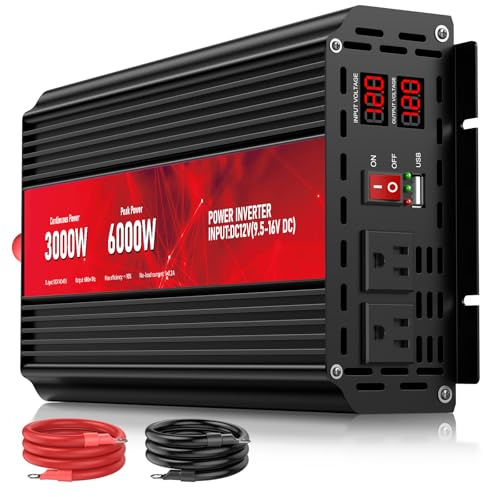 3000W Power Inverter 12V DC to 110V/120V AC, 6000W Peak Car Inverter with 2 AC Outlets, 2.4A USB Port & LCD Display, Portable Backup Power Converter for RV, Truck, Camping, Outdoor & Emergency