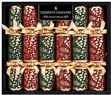 Harvey & Mason 6 Exquisite Weihnachts-Knallbonbons Deluxe Premium Rot Grün Gold Laub Design Xmas Dinner Party Feier Recycelbar