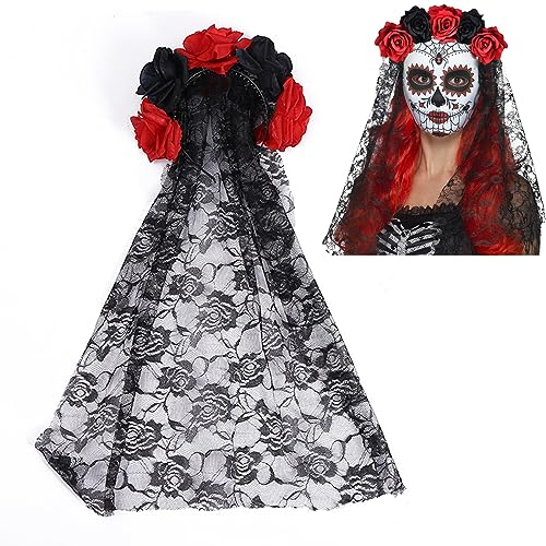 CLDURHGE Tag der Toten Schleier Halloween, Rose Floral Crown Schleier Tiara mit Schleier Rot-Schwarz Halloween-Kostüm mexikanischen Stirnband für Festival Carnival Party
