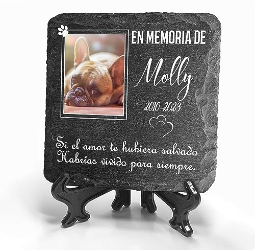 Placa Conmemorativa Cuadrada Personalizada para Marcador de Tumba de Pizarra para Perros y Gatos con Soporte - Tamaño 10x10 cm - Marco Blanco Foto