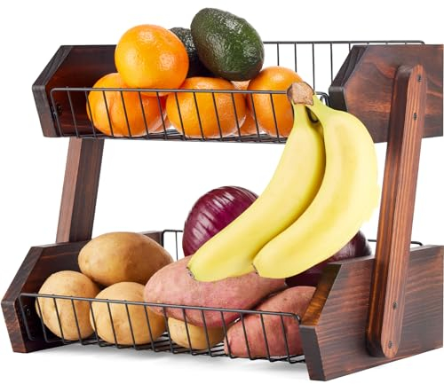 Yangbaga 2 Tier Wooden Fruit Stand - Kitchen Counter Organizer, Bread & Veggie Storage Basket
