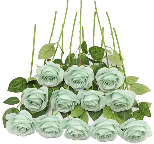 JUSMAI Künstliche Rosen, fühlen sich echt an, mit langen Stielen, Seidenblumen für Hochzeit, Blumenstrauß, Mittelbilder, Dekorationen, Party, Braut, Babyparty, Heimdekoration, Salbeigrün, 12 Stück