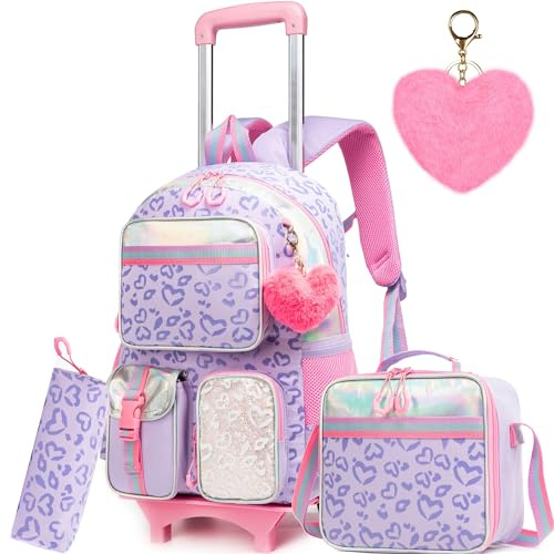 Meetbelify Rucksack mit Rädern für Mädchen Rollender Rucksack Niedlicher kawaii Handgepäck Rucksack mit Brotdose für Grundschüler Teenager Mädchen Gepäck Reisekoffer Mädchen 8-10 Lila Liebe