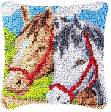 Knüpfkissen-Sets „Pferd“,Knüpfkissen-Sets Mit Haken – Vorgedruckte Sticksets Mit Tiermotiven,Teppich-Set 17×17 Zoll,Diy-Kissenbezüge Für Handarbeiten,Kits Zur Herstellung Von Sofakissen,Wie Ab