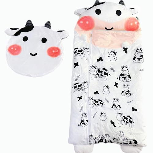 Nalexmi Happy Schlafsack, Kinder-Schlafsack mit Kissen für Mädchen, Jungen, Kinder, Tier-Schlafsack, bequem, gemütlich, schlummer, weiches Kissen, warmer Baumwollplüsch, Größe 172 x 61 cm, weiße Kuh