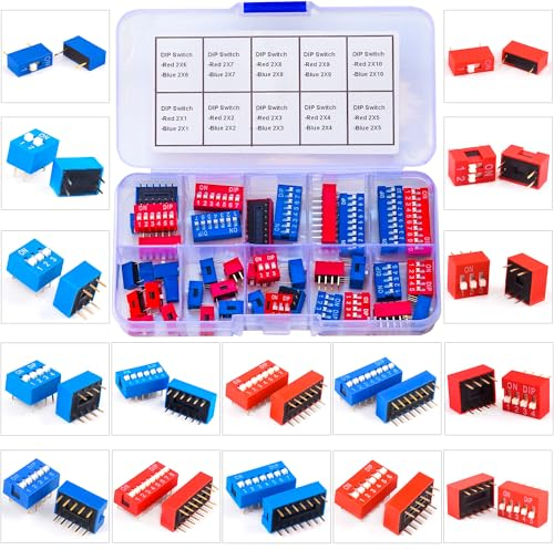 Kidisoii DIP Switch Assorted Kit 2.54MM Pitch 1/2/3/4/5/6/7/8/9/10Pin Dual Row Red & Blue On Off DIP Switches for PCB Mount Breadboard Circuit Electronics DIY Assortment kit