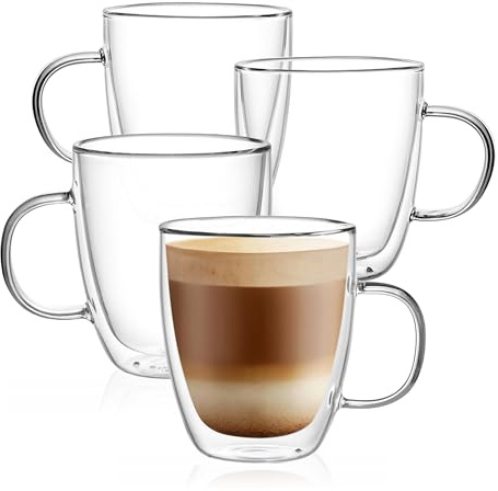 CNGLASS Glass Coffee Mugs 12oz,Double Walled Insulated Cappuccino Mug with Handle,Clear Espresso Cups for Cappuccino,Latte,Tea Bags,Hot and Cold Beverages,Set of 4