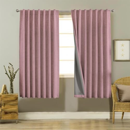 Joydeco 100% Tende Oscuranti per Interni 2 Pezzi, Lino Tende Termiche con Passanti per Soggiorno Moderne, Cameretta Bambini, Camera da Letto Blackout Curtains (2xL140xA175, Rosa)