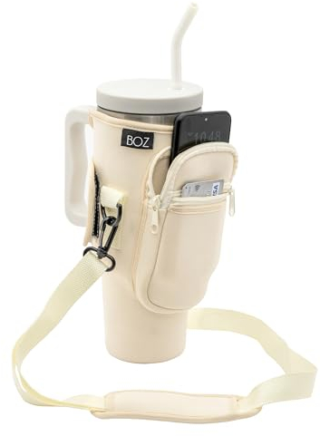 BOZ Sac à Bandoulière pour Bouteille d'eau, Porte Gobelet et Téléphone 1,2 L - Porte Gourde avec Sangle réglable Pratique pour Sports, Randonnée, Camping, Voyage, Protection en néoprène (Beige)