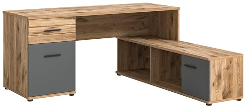 xonox.home Büro Mason X12B8570 Winkelschreibtisch Schreibtisch Tisch Home Office in Front Basalt grau Nb., Korpus Nox Oak Nb., Absetzung Nox Oak Nb., ca. 170x76x151 cm