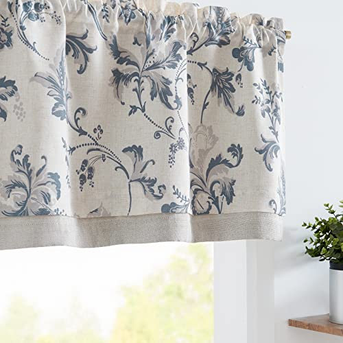 TOPICK Leinen Scheibengardinen Blickdicht Küchengardinen Frühling Landhausstil Gardinen Blumen Verdunkelnd Vorhänge Kurz Bistrogardine Volant Wohnzimmer Fenster 1er Pack Blau auf Beige 45B x 125H(cm)