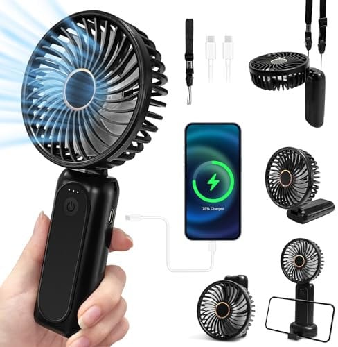 Hand Held Fans Rechargeable Battery Powered, Mini Hand held Fan Portable with Power Bank, 180º Foldable Desk Fan for 6-13 Hrs, 3 Speed Powerful Quiet Personal Small Pocket Travel Neck Fan, Black