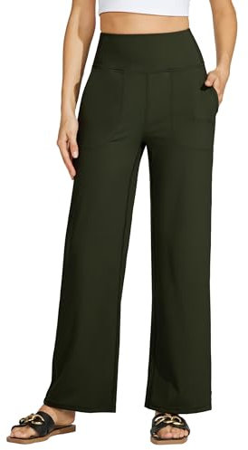 WILLIT Yogahose Damen Weites Bein Sporthose Hohe Taille Yoga Hosen Bauchkontrolle Schlaghose Freizeithose Frauen Jogginghose mit Taschen 30 Dunkelgrün M