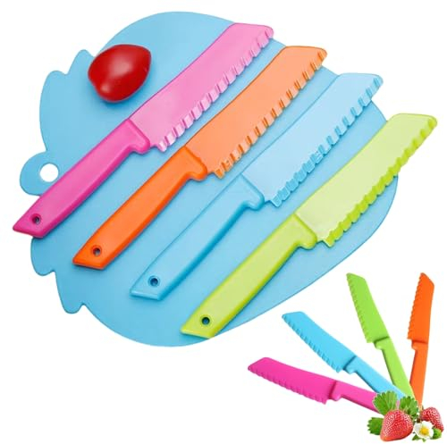 KLLJ Set Cuchillos Cocina,4 Cuchillos para Niños,Juego Cuchillos Cocina de Aprendizaje para Niños,Juego de Cuchillos de Plástico,Juego de Cocina Seguro para Niños,para frutas,verduras,pasteles y pan