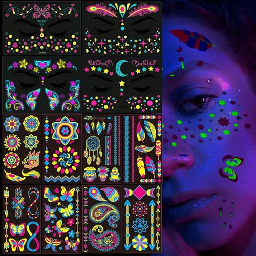 12 Blatt Temporäre Tattoos Neon UV Schwarzlicht Party Leucht Fluoreszierend Klebetattoos Fake Gesichtstattoo Erwachsene Wasserfest Klebe Tattoo für Karneval Party Konzert Festival