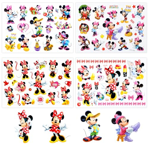 Minnie Tattoo Kinder,4 Sheet Mickey Temporäre Tattoos,Wasserdichte Kindertattoos Aufkleber, Kinderaufkleber für Jungen Mädchen Geburtstagsfeier Partydekoration Sticker