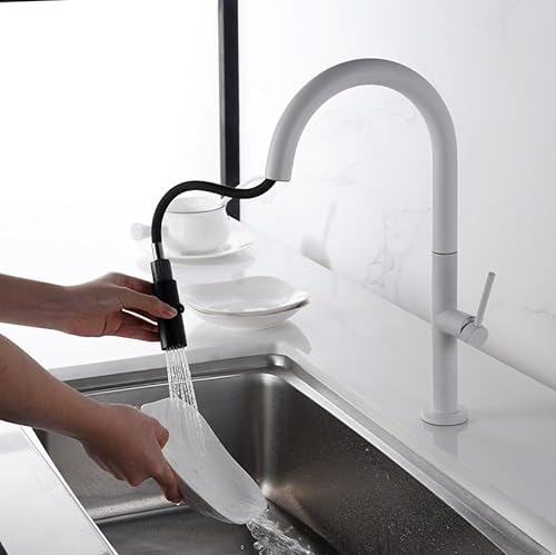 IMEX - Grifo de Cocina Extraible | Grifo Monomando Fregadero con Difusor | Griferia de Cocina con Mangera Flexible 360º | Serie Samoa | Color Blanco Mate