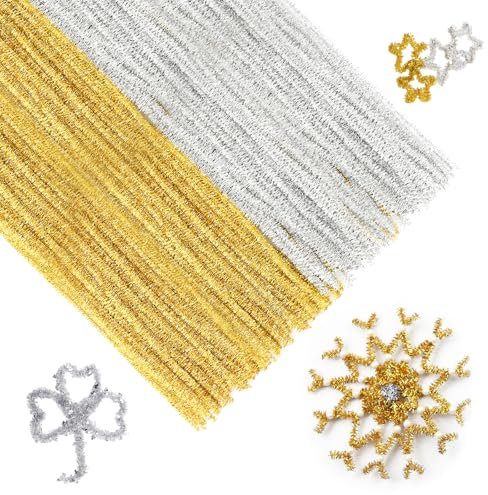 KINGLAKE Pfeifenputzer 100 Stück, Pfeiffenputzerdraht Gold+Silber, 30CM Pfeiffenputzerdraht Biegbar, Pfeifenreiniger Zum Basteln, Dekorieren, Weihnachten