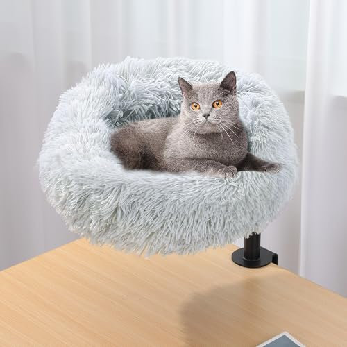 BALAPET Soft Faux Fur Desk Cat Bed with Steel Frame, Elevated Height-Adjustable Cat Hammock Attached to Desk，Cozy Plush Pet Bed for Home Office Living Room Study Supports Up to 50lbs