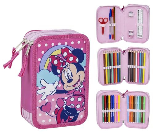 CARTOON Pencil Case Multi-Compartment Pencil Case 3 Zip for School Complete Pens Pencils Colours Markers, Minnie (2), Pencil Cases