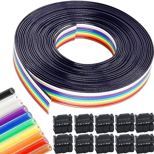 Youmile 10-pin Flachbandkabel in Regenbogenfarben, 5 m, IDC-Drahtkabel, 1,27 mm Flachbandkabel, Dupont-Kabel mit FC-10P IDC-Buchsen, Buchse für 2,54 mm-Anschlüsse,5M/16.40ft