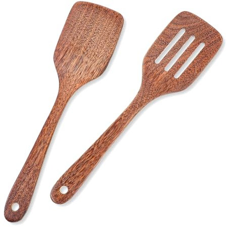 Yuanchu 2-Piece Wooden Spatula Set, 12 Inch, Slotted & Solid, For Nonstick Cookware, Woks & Stainless Steel Pans