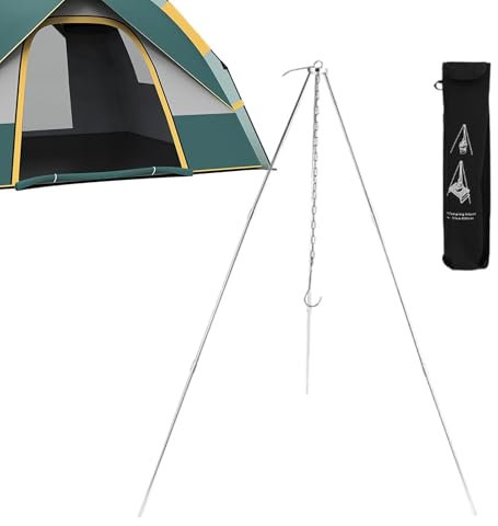 Trípode de cocina plegable con cadena para cocinar al fuego al aire libre | Trípode ligero y ajustable para barbacoa picnic y camping