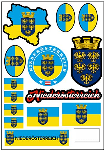 Daged Niederösterreich Aufkleber Karte Stickerbogen - Reiseaufkleber PKW Auto Motorrad Biker Flagge Fahne Deko AK