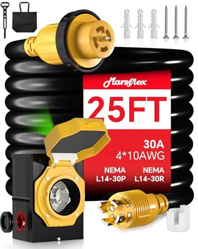 Marsflex 25FT 30 Amp Generator Cord and Power Inlet Box, Pre-Drilled Generator Inlet Box with NEMA L14-30P / L14-30R Generator Cord, for 125/250 Volt 7500 Watts, Weatherproof Outdoor Use, ETL Listed