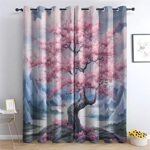 Mountain Blackout Curtains Cherry Tree Window Treatments, Eyelet Curtains, Thermal Insulated Super Soft Microfiber Curtains & Drapes 46x90 Inch 2 Panels