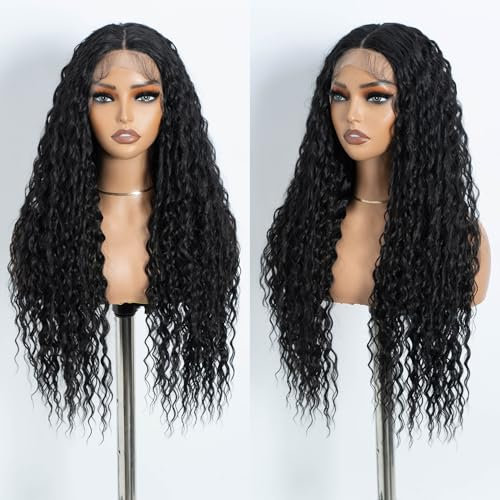 Style Icon Long Deep Curly Wave Lace Front Perücke 30 inches Long Water Wave Perücke für Frauen T Part Lace Perücke mit Babyhaar Synthetische Hitzebeständige Faser (C1B)