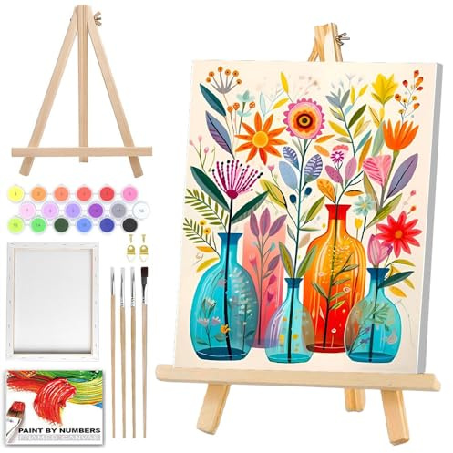 WEMEON Kit de peinture par numéros pour adultes avec cadre, peinture par numéros sur toile motif fleurs par numéros avec chevalet pour décoration murale d'intérieur (30,5 x 40,6 cm)
