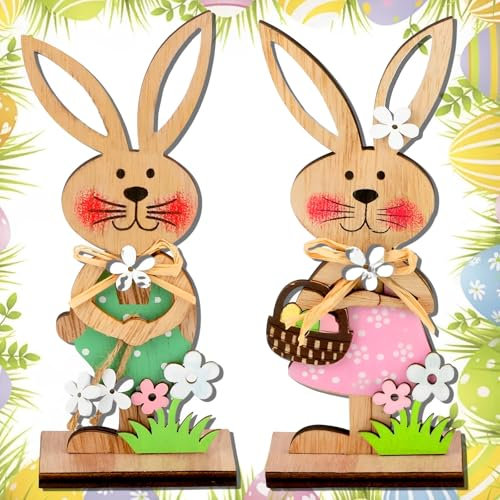 Scinzene 2 Stück Osterhase Aus Holz, Osterdeko Holz, Ostern Deko, Osterhase Deko, Für Ostern, Osterdekoration, Ostergeschenke(8 x 4.7 x 19cm)