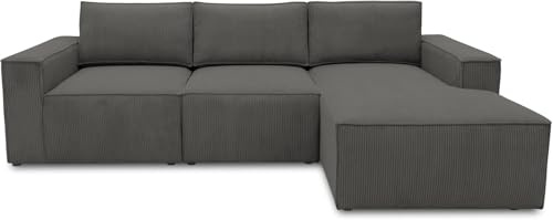 DOMO. collection Ecksofa Calnu, Cordstoff & Taschenfederkern, Dunkelgrau | Longchair rechts mit Cordstoff, komfortables Modulsofa in L-Form für entspanntes Sitzen, 273 x 172 x 85 cm (BxTxH)